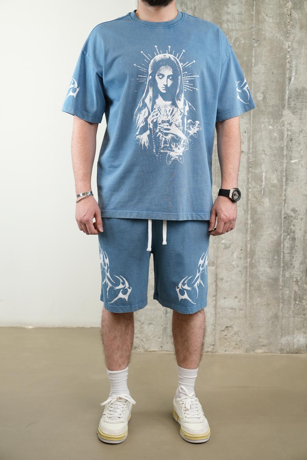 Men's Slate-Blue Madonna Graphic Tee & Shorts Set — AJ-6474 TKM for wholesale by Monocloth
